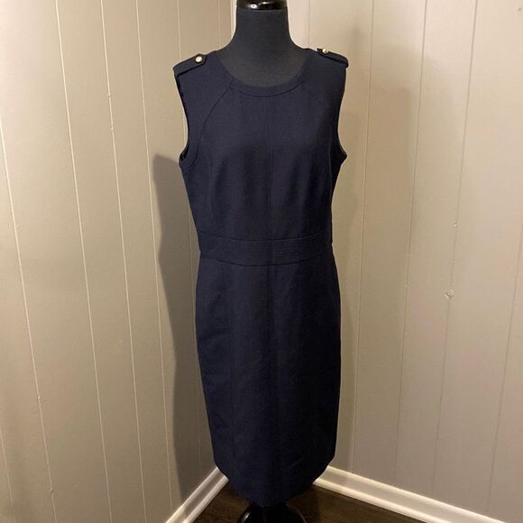 Tory Burch 10 Wool Blend Evelina Sheath Dress Navy Blue Gold Detail - Picture 1 of 8